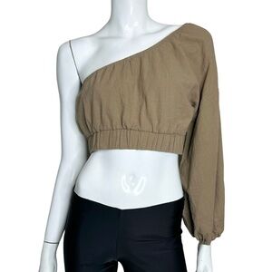 4/$24 Beige Botany One Balloon Sleeve Open Shoulder‎ Cropped Top